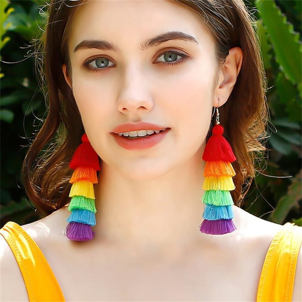 3 Tier Layered Colorful Tassel Earrings Bohemian Big Dangle Drop Fashion Jewelry - Picture 3 of 5